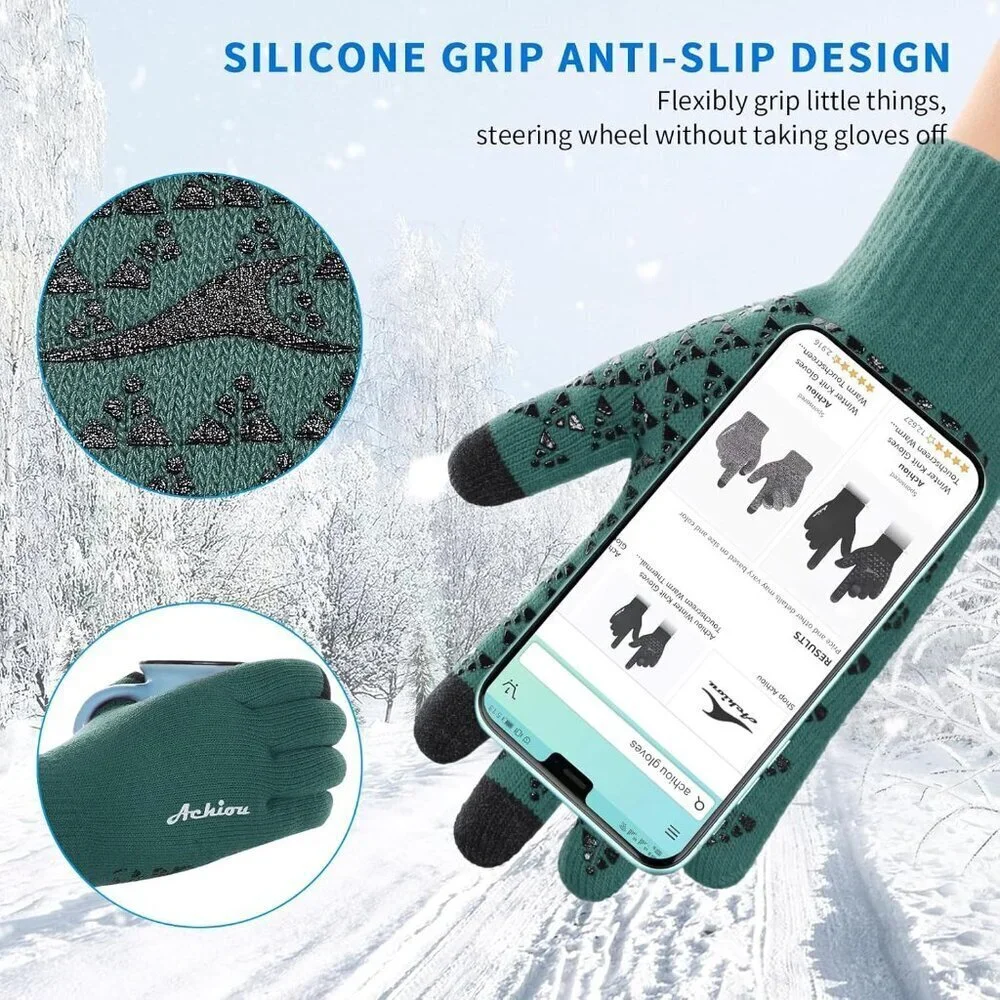 Women's Light Green Upgraded Touch Screen Thermal Soft Knit Lining Winter Gloves